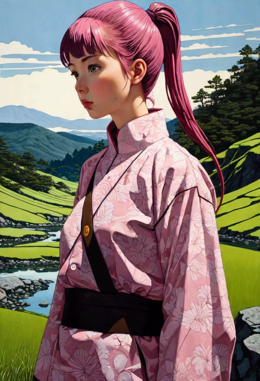 (masterpiece), Japanese cartoons, ((Relief,Paper art,Negative Space)), (author: Neil Welliver), 1 Girl, Brown eyes, Ponytail, Pink Hair, Cyberpunk, Japanese clothes, Unbutton, In a surreal landscape, Watercolor style, 