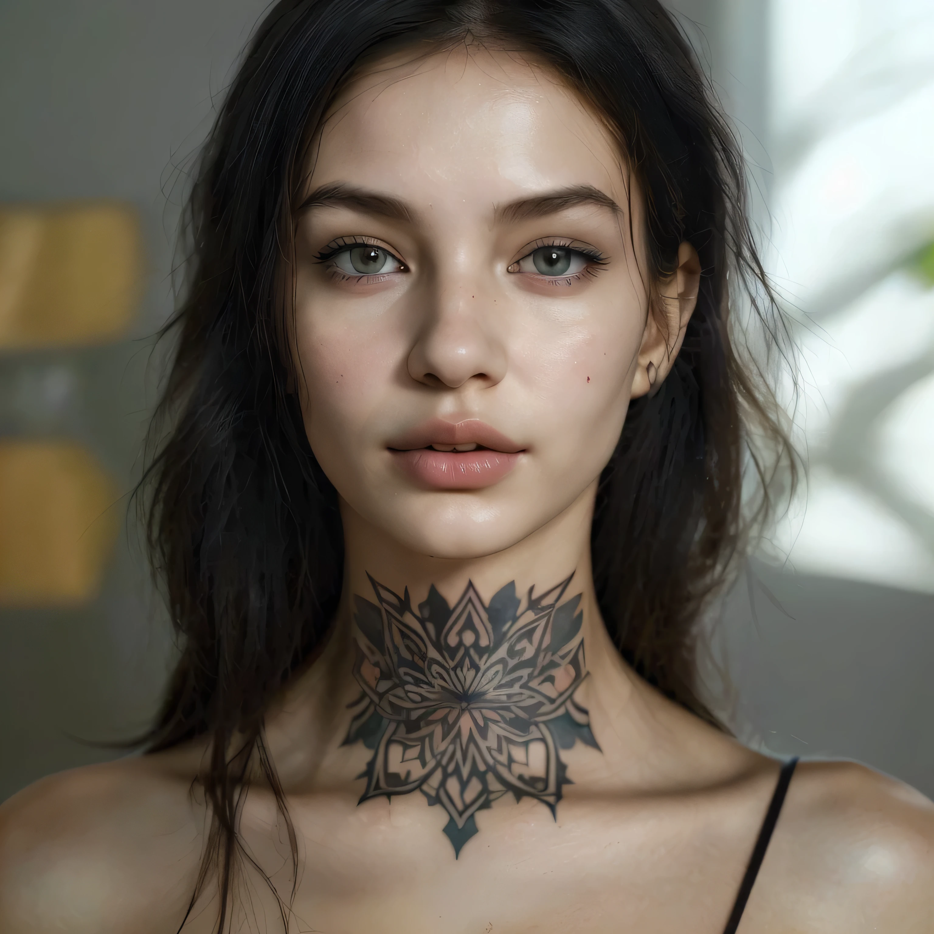 Create a full-body image based on the facial features and style of the image I provided. Ensure that the skin tones match exactly and include geometric mandala tattoos on the arms and shoulders. The style should be highly realistic, with 8K resolution, incorporating 3D and 4D effects to enhance the details. The background should be clean and minimalist, focusing on the figure itself. Maintain consistency with the original image's aesthetics and emphasize the smooth blending of the face with the body. Please render the image in a standing, confident pose.
