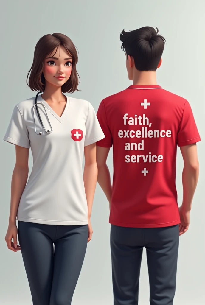 can you please edit me  2 animated tshirt the first t-shirt is the front and has  minimalist design with nursing symbols and logo with modern design then the other shirt is focused on the back having the word faith, exellence, and service written color white and red only no black color please avoid other colors