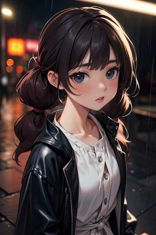 a beautiful girl in a rainy cyberpunk city street at night, looking down, with a soft, glowing light, extremely detailed, photorealistic, masterpiece, (best quality,4k,8k,highres,masterpiece:1.2),(realistic,photorealistic,photo-realistic:1.37),tokyo street at night, rain, wet, cityscape, cyberpunk city, soft lighting,1 girl, very beautiful face,bust,hands down,random hairstyle,random hair color,random expression,pigtails