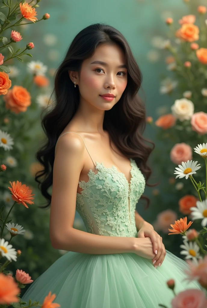 Real pinay wearing gown light green with arounding flowers background 