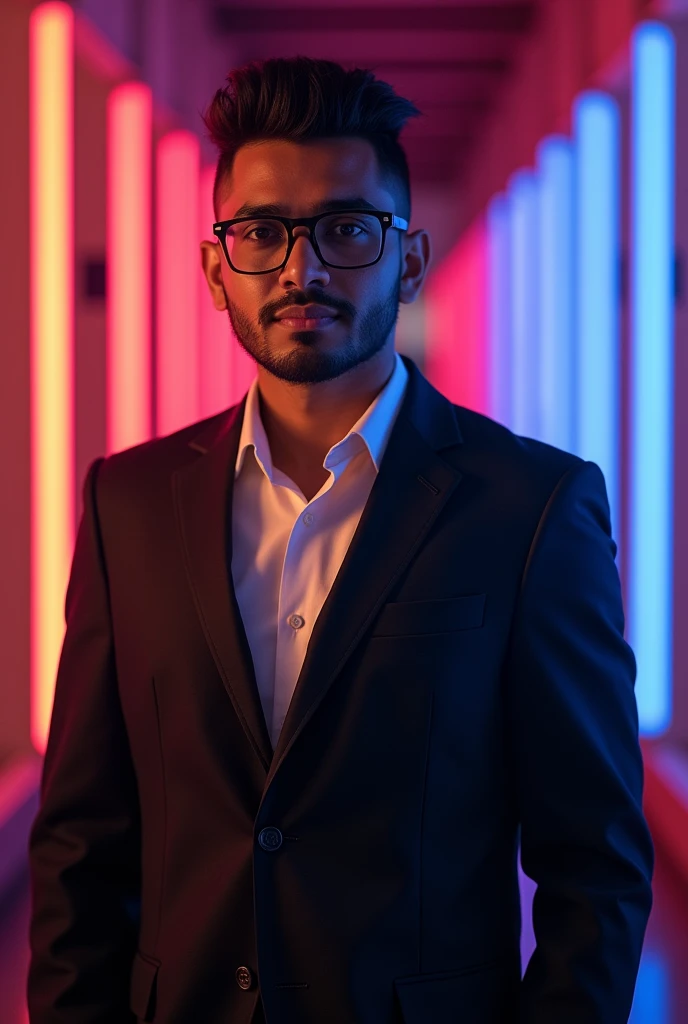 confident 23-year-old brown Indian man with sharp jawline wearing a sharp suit and frameless glasses, with mid fade undercut posing for a LinkedIn profile photo. The background features a vibrant mix
of red and blue lights, casting a warm and dynamic glow. The overall atmosphere of the image exudes professionalism, ambition, and a touch of personality.
