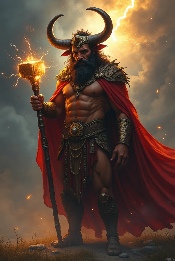 Minotaur in a god costume holding a lightning hammer
