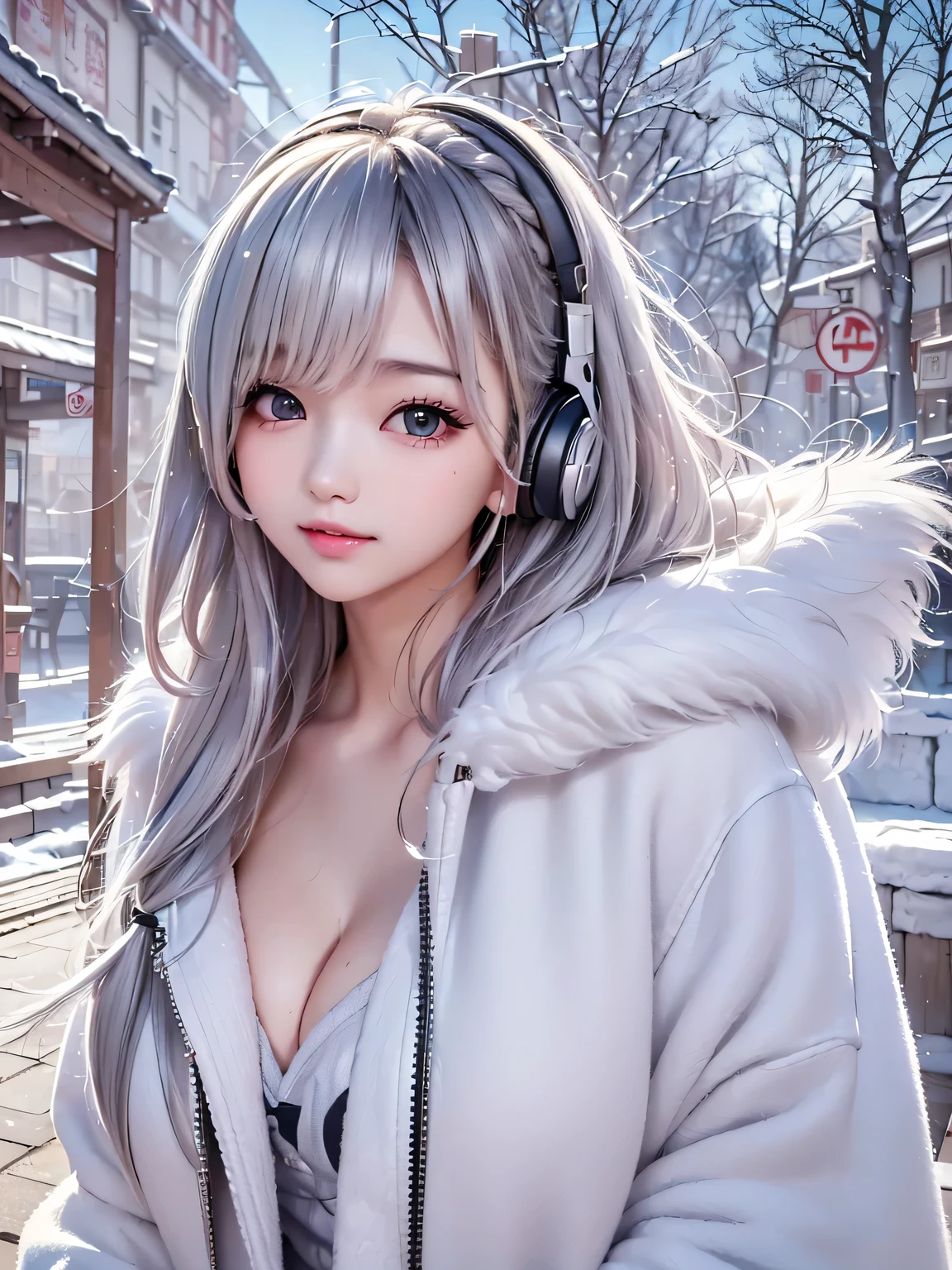 ((cute girl, face, style of painting)).(Upper body portrait:1.5)((masterpiece:1.5))((alone、Huge headphones:1.5、A woman wearing a large duffle coat、Shorts、コートでShortsが隠れる、Put your hands in your pockets、Detailed face、Big Eyes、Bright expression、Big beautiful breasts、Best Looks、Ultimate beauty、Shiny silver hair with highlights、明るい and shiny hair,、Modern Hairstyles、Hair dancing in the wind))(morning、Countryside Winter、Abandoned station platform)Please look away from here、Beautiful profile