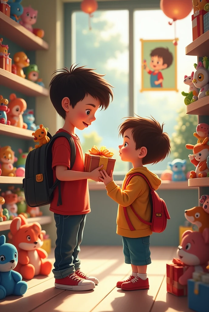 Big brother buying a toy for his younger brother