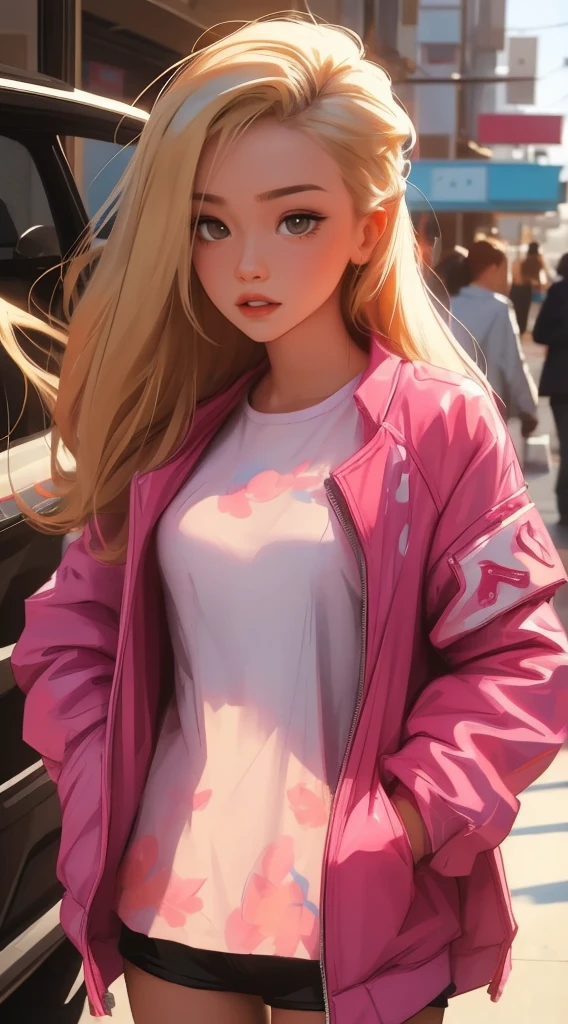 blonde woman in pink jacket and shorts posing for a photo, Wojtek FUS, ross tran 8k, princess, blue pastel dresses, pretty, wonderful, fashion