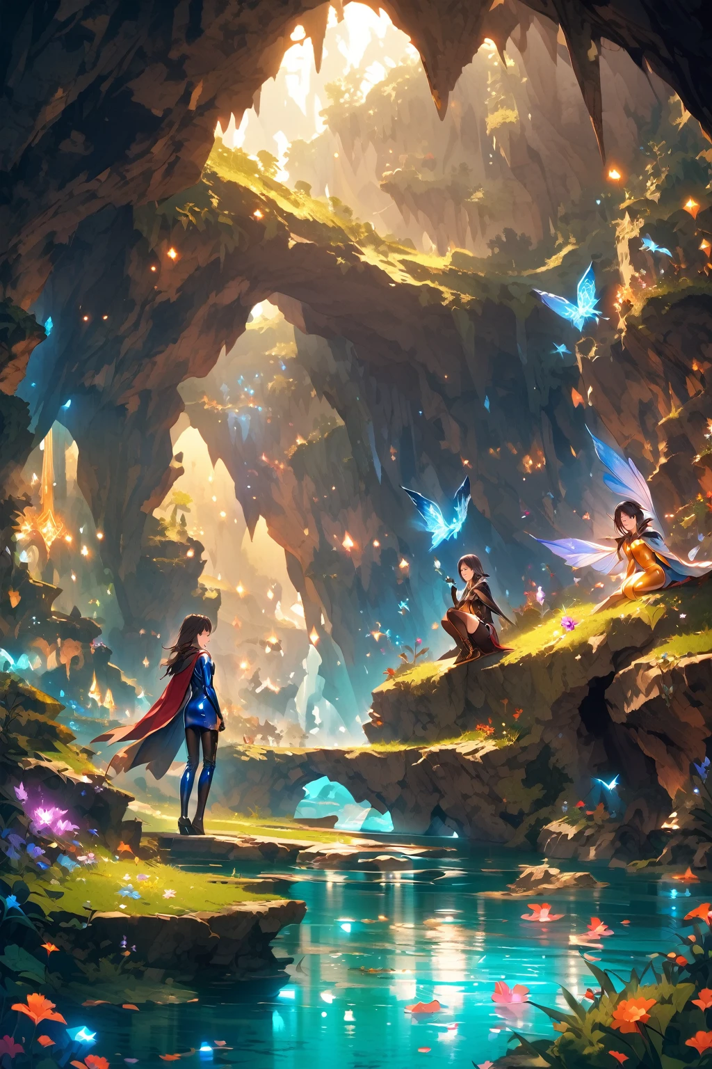 One Woman,20-year-old,((smile)),((skirt,Enamel-like bodysuit and cape,,(Black Hair,((Fantasy,cave))