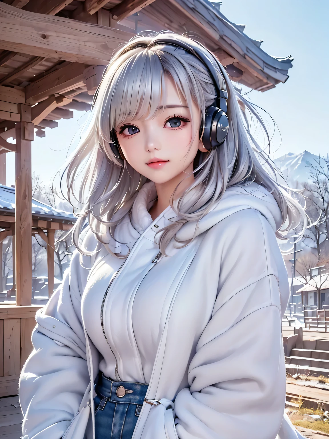 ((cute girl, face, style of painting)).(Upper body portrait:1.5)((masterpiece:1.5))((alone、Huge headphones:1.5、A woman wearing a large duffle coat、Shorts、コートでShortsが隠れる、Put your hands in your pockets、Detailed face、Big Eyes、Bright expression、Big beautiful breasts、Best Looks、Ultimate beauty、Shiny silver hair with highlights、明るい and shiny hair,、Modern Hairstyles、Hair dancing in the wind))(morning、Countryside Winter、Abandoned station platform)Please look away from here、Beautiful profile