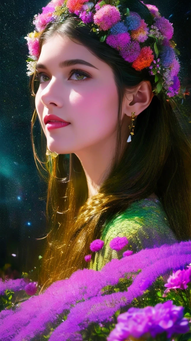 a beautiful girl in a lush garden, surrounded by colorful flowers, gazing up at a starry night sky, (best quality,4k,8k,highres,masterpiece:1.2),ultra-detailed,(realistic,photorealistic,photo-realistic:1.37),extremely detailed eyes and face,longeyelashes,detailed flower petals,detailed starry night sky,vibrant colors,cinematic lighting,intricate background details,fantasy,dreamlike