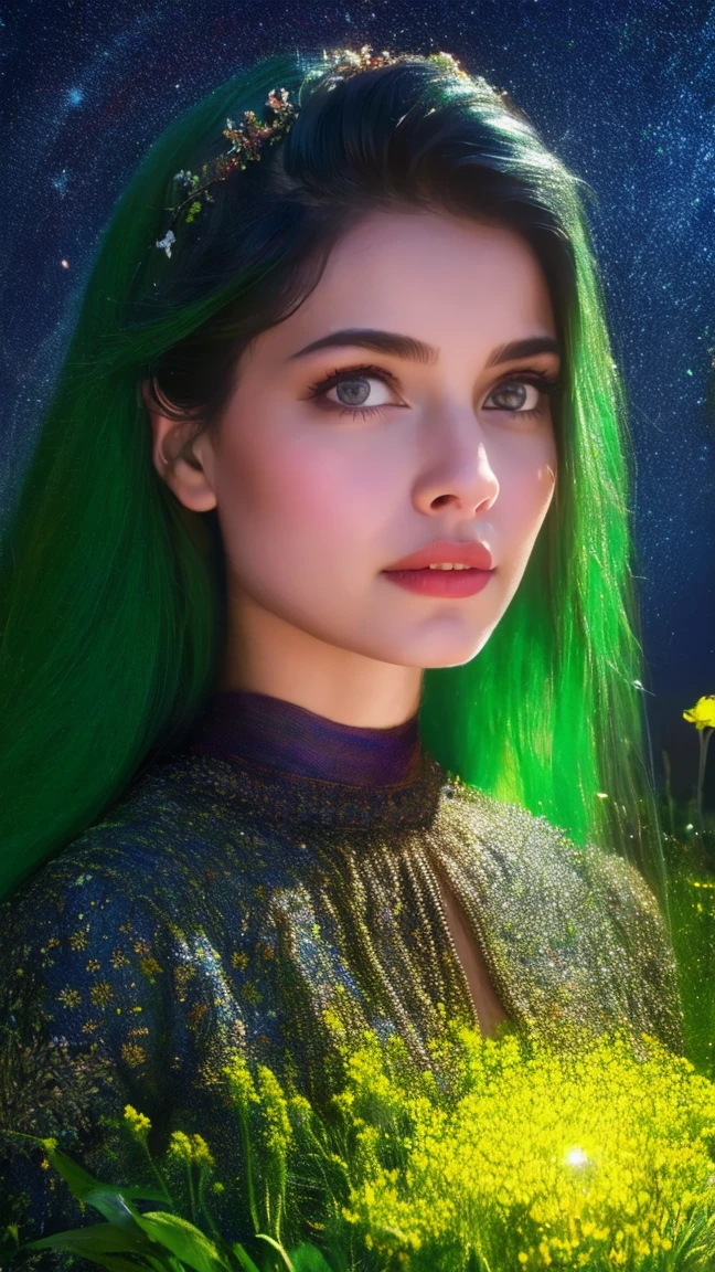 a beautiful girl in a lush garden, surrounded by colorful flowers, gazing up at a starry night sky, (best quality,4k,8k,highres,masterpiece:1.2),ultra-detailed,(realistic,photorealistic,photo-realistic:1.37),extremely detailed eyes and face,longeyelashes,detailed flower petals,detailed starry night sky,vibrant colors,cinematic lighting,intricate background details,fantasy,dreamlike