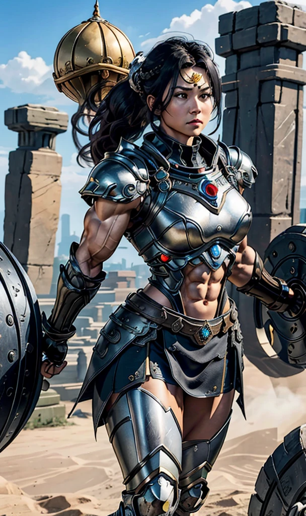 Highest quality、4K8K、One female、Full body image、A woman with a massive muscular physique、40-year-old woman、18 meters tall、Weight: 95 tonnes、Medieval metal armor、Metal armor with lots of exposed skin、No sleeve、mini skirt、bulging muscles、Protruding veins、Six-pack、Male bodybuilder chest、Strong muscular thighs、Model standing、The Queen's Appearance、Superhuman strength、Black-haired chignon、Hair Ornament Style Helmet
