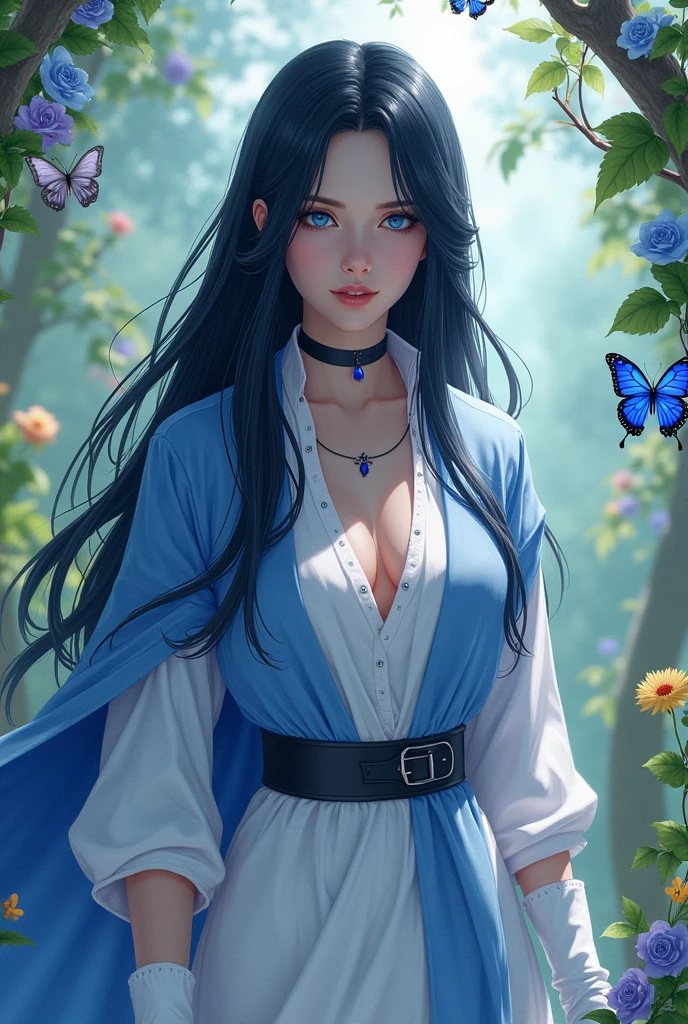 Demon slayer.has navy blue eyes with sparks.has dark black hair covering the backside coloured with navy blue.has a white and light blue shirt, white skirt. White gloves and black necklace, has a cld expression and the background is in the nice butterfly garden