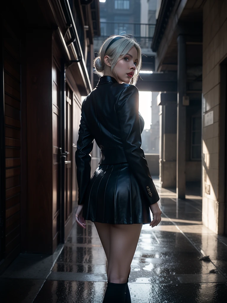 masterpice,photorealistic, detailed face, detailed eyes, detailed lips, beautiful woman, hourglass figure, natural lighting, high quality, hyperrealistic, 8k, cinematic, dramatic lighting, chiaroscuro, neoclassical, oil painting,dramatic light,abadon city,2b,nier automata, silver hair,headband, pantie, rain,sweat skin,ass,ass focus,detailed leg,detailed skirt,gundam mobil suit skirt,