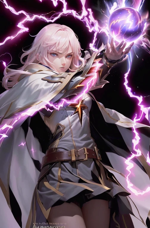 a close up of a person holding a lightning ball, half invoker half megumin, lightning!!, goddess of lightning, hajime yatate, full portrait of electromancer, griffith from berserk, with lightning, zenithal lightning, arcane from netflix, he is casting a lighting spell, lightning!!!, shigenori soejima illustration