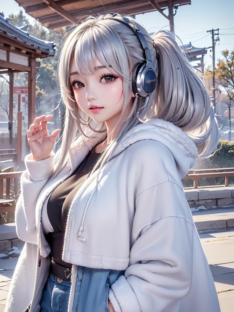 ((cute girl, face, style of painting)).(Upper body portrait:1.5)((masterpiece:1.5))((alone、Huge headphones:1.5、A woman wearing a large duffle coat、Shorts、コートでShortsが隠れる、Put your hands in your pockets、Detailed face、Big Eyes、Bright expression、Big beautiful breasts、Best Looks、Ultimate beauty、Shiny silver hair with highlights、明るい and shiny hair,、Modern Hairstyles、Hair dancing in the wind))(morning、Countryside Winter、Abandoned station platform)Please look away from here、Beautiful profile
