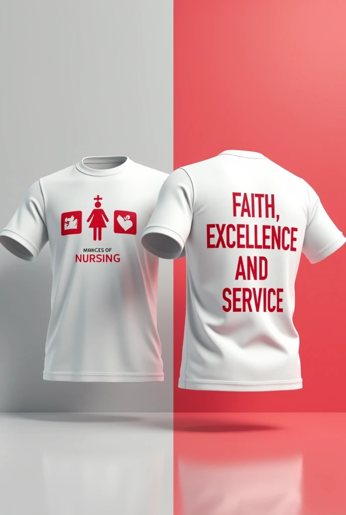 can you please edit me 2 animated tshirt the first t-shirt is the front and has minimalist design with nursing symbols and logo with modern design then the other shirt is focused on the back having the word faith, exellence, and service written color white and red only no black color please avoid other colors