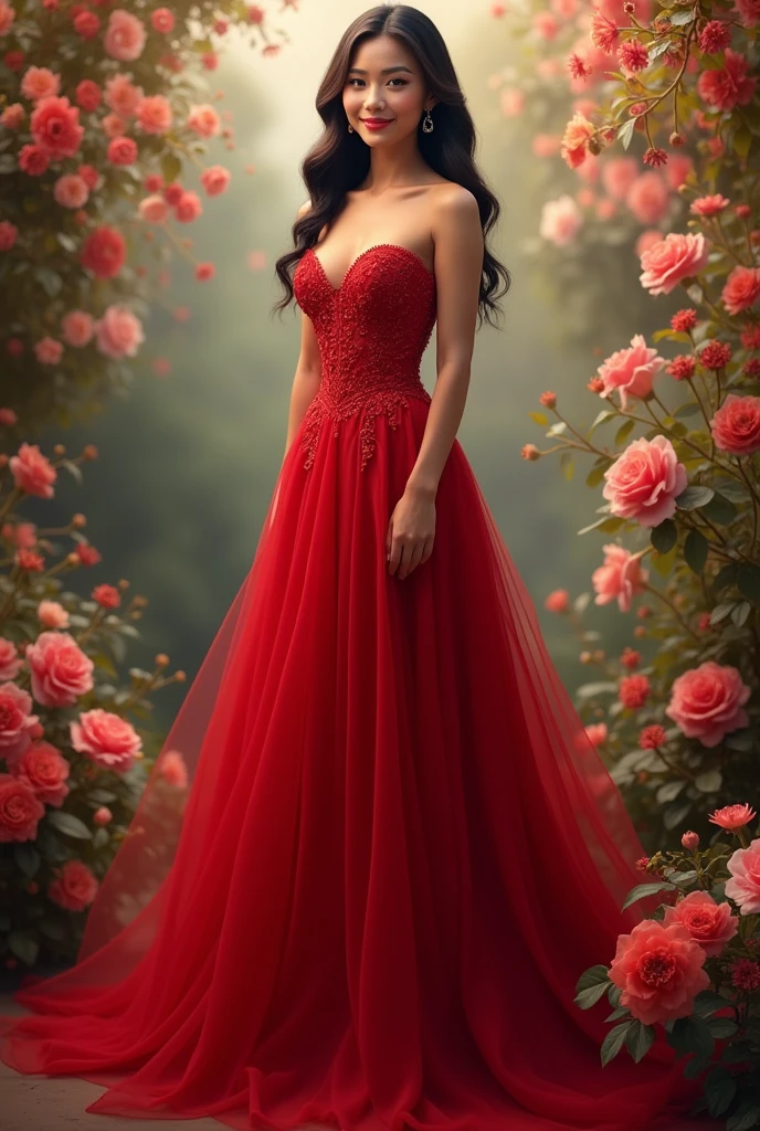Real pinay wearing red gown standing with arounding flowers