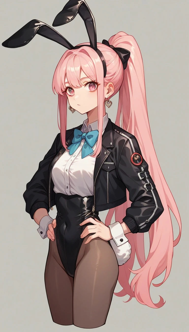 a very cartoon looking anime female with long ears and bunny tail standing, solo, animal ears, hands on hips, long hair, rabbit ears, 1girl, pink hair, fake animal ears, earrings, cropped jacket, jewelry, very long hair, pink eyes, bow, playboy bunny, bowtie, jacket, ponytail