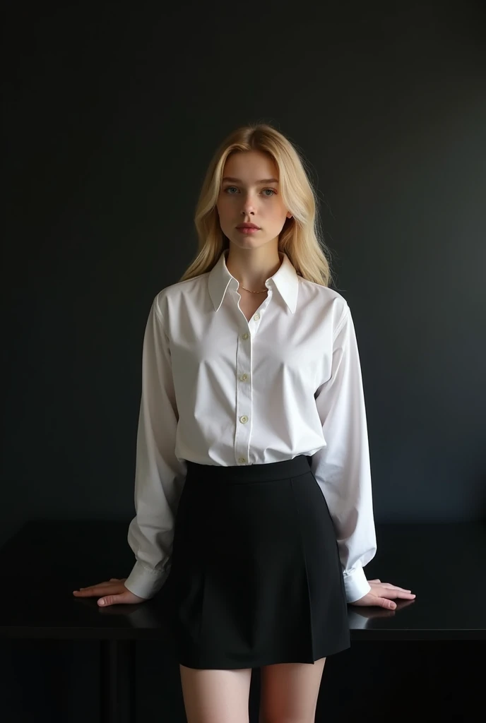 a 16years old , blonde, white shirt,black short skirt, super huge ,very white skin tone, standing behind a black table, a black wall as background
taking a realistic far view photo of a whole room