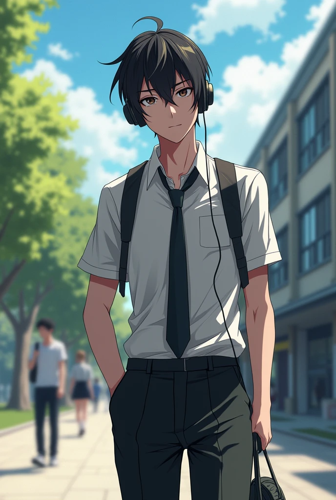 High school student, uniform, long pants, girl, boyish, slanted eyes, handsome, headphones, tie