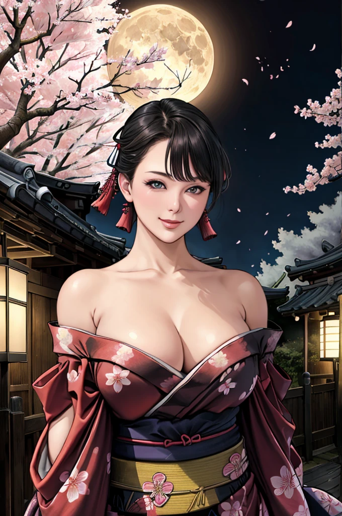 (Browsing Caution), (RAW Photos), (Realistic), (Photorealistic), Ultra-high resolution, masterpiece, Highest quality, Portraiture, facial Portraiture, Perfect lighting, Detailed lighting, Dramatic Shadows, Ray Tracing, Pure Eros Face_v1, Urzan-6500-v1.1, ((smile)), ((upper body:1.2)), ((random sexy pose)), looking at viewer, ((wearing a kimono)), ((off shoulders kimono:1.8)), ((in old Japanese street)), ((night)), ((full moon)), ((background with Cherry blossoms:1.2)),