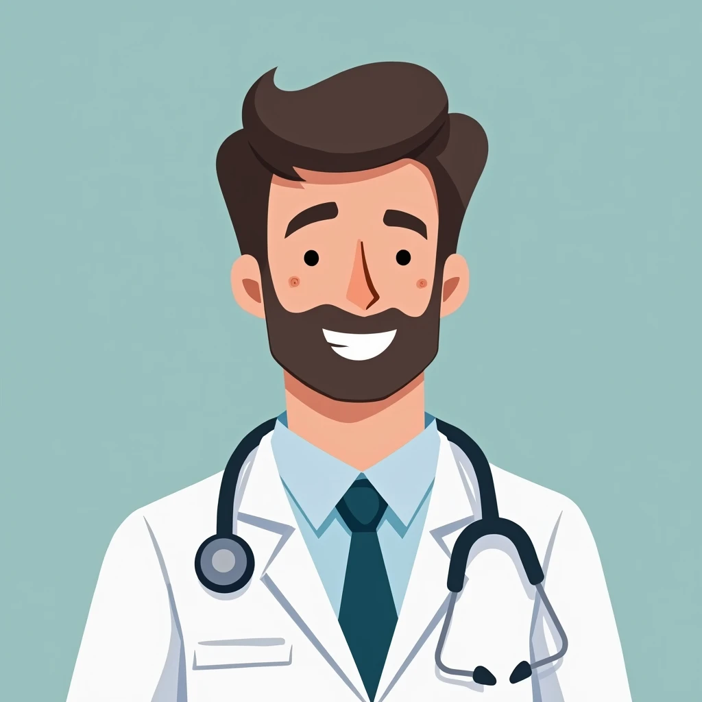 Can you create a profile picture for a 30 year old doctor in medical school? The doctor has a white coat and a stretoscope around his neck.