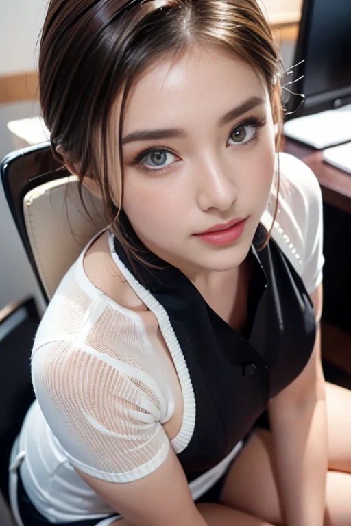 ((Ultimate Beauty))、Mature、Beautiful facial featureig eyes:1.3), Detailed lips, inely detailed beautiful eyes, Double eyelids, long eyeslashes、(Choppy), (Curve), Parted lips, Beautiful teeth alignment, red blush, a captivating gaze、Seductive smile, short brunette bob, masutepiece,(Highest Quality,Hyper-detailing,Fine and detailed eyes and detailed face) allure:brunette color hair,Natural makeup,long hair, sexy secretary outfit,mini skirt,office