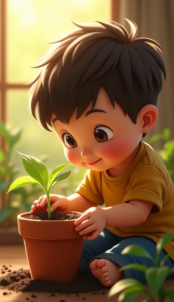 A young boy, around 8 , with wide, hopeful eyes, carefully plants a tiny corn seed in a small clay pot. Natural sunlight streams through a nearby window, casting warm light on his face.