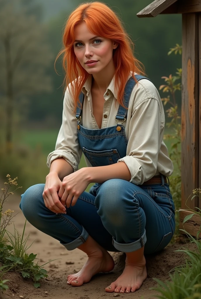 Village lady wearing country outfit blue jeans white shirt and barefoot. Her feet a bit dirty she has ginger hair 