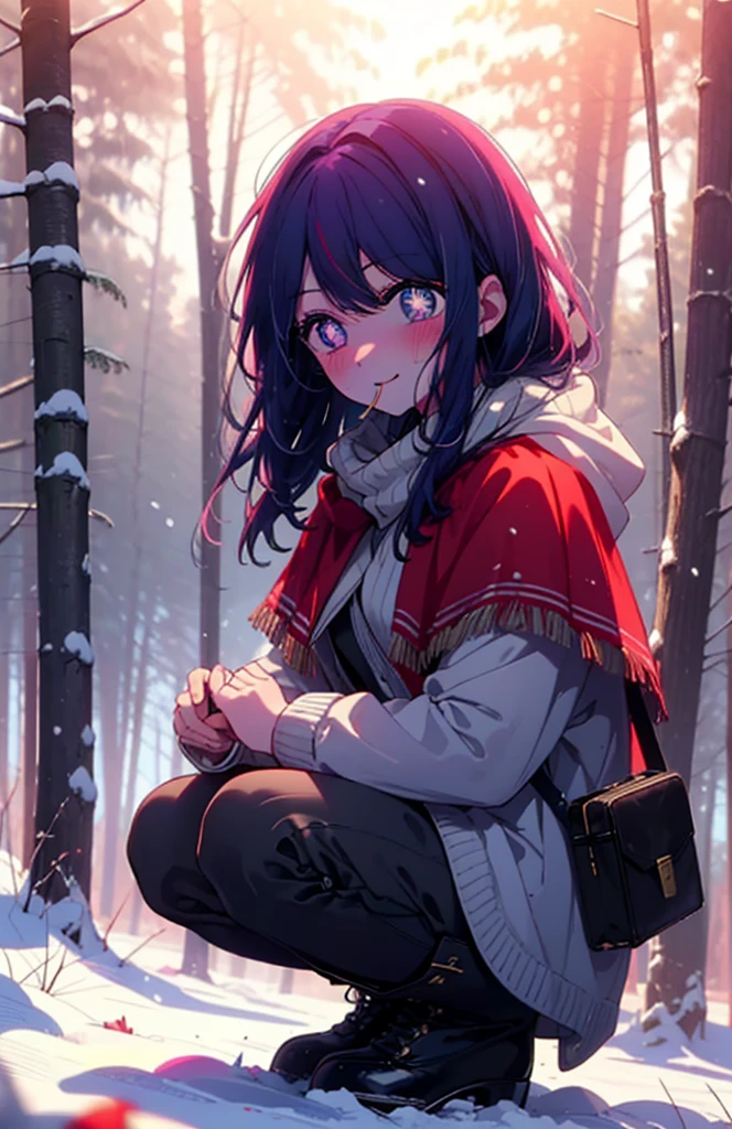 aihoshino, Ai Hoshino, Long Hair, bangs, (Purple eyes:1.1), Purple Hair, (Symbol-shaped pupil:1.5), smile,,smile,blush,white breath,
Open your mouth,snow,Ground bonfire, Outdoor, boots, snowing, From the side, wood, suitcase, Cape, Blurred, , forest, White handbag, nature, Squat, Mouth closed, Cape, winter, Written boundary depth, Black shoes, red Cape break looking at viewer, Upper Body, whole body, break Outdoor, forest, nature, break (masterpiece:1.2), Highest quality, High resolution, unity 8k wallpaper, (shape:0.8), (Beautiful and beautiful eyes:1.6), Highly detailed face, Perfect lighting, Highly detailed CG, (Perfect hands, Perfect Anatomy),