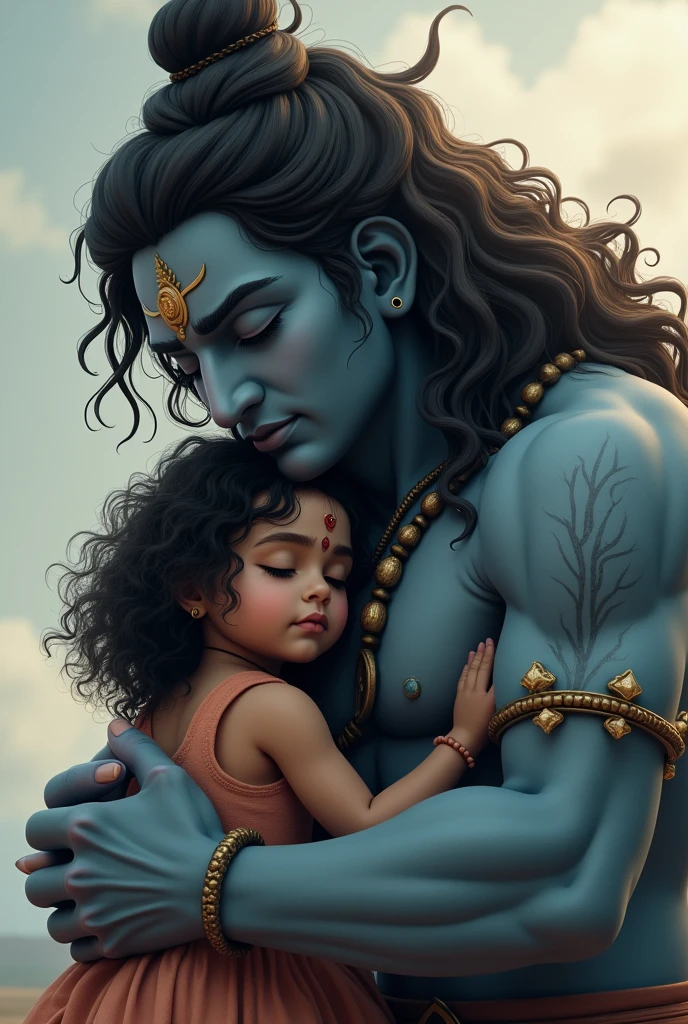 Girl, chubby, curly shoulder length side parted hair, hugging mascular lord shiva, eyes closed, sense of safety, calmness