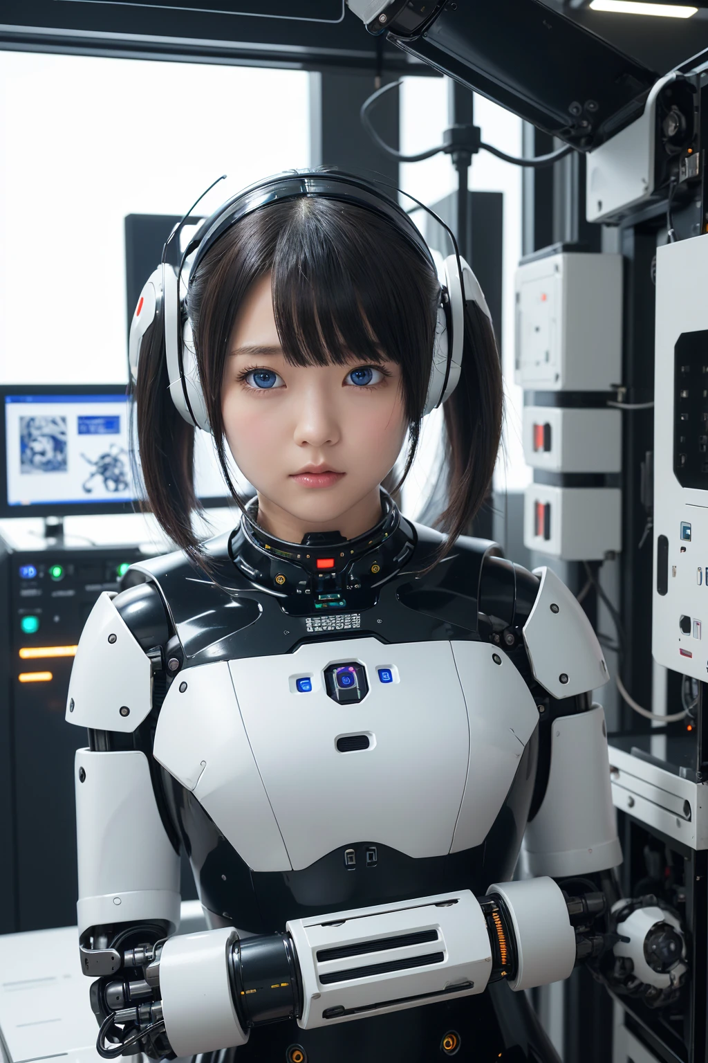 masterpiece, best quality, extremely detailed, portrait,Japaese android girl,Plump,a bit chubby,control panels,android,Droid,Mechanical Hand, ,Robot arms and legs, Black hair,Mechanical body,Blunt bangs,White Robotics Parts,perfect robot woman,Charging spot,Long Tube,A thick cable was connected to her neck,perfect mechanical body,white robotics body,future assembly plant,white body,She has repaired,black sponge joints,android assembly plant,android,laboratory,perfect machine body,white robot body,blue eyes