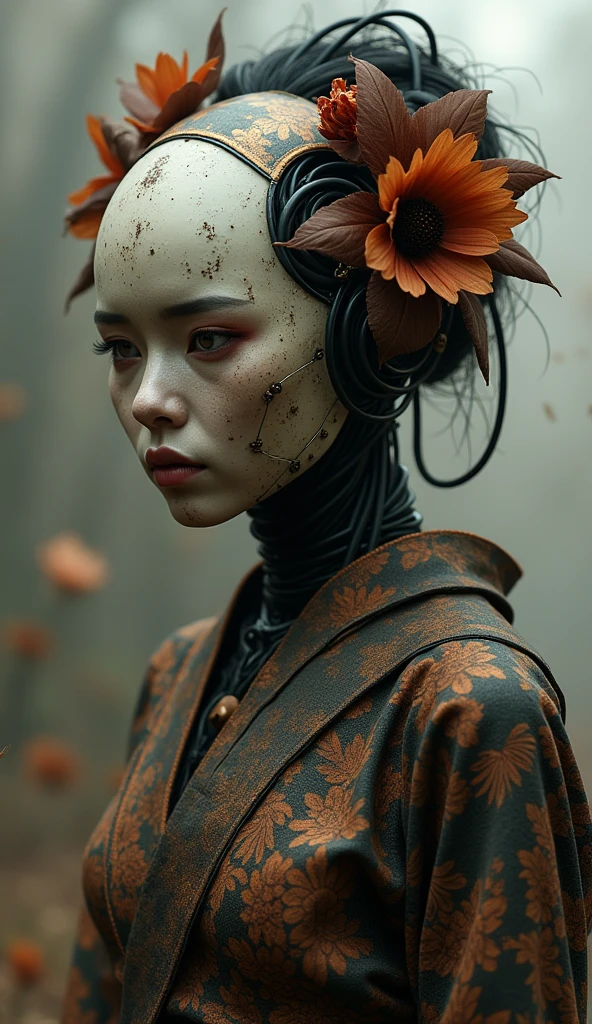 (cyborg geisha cybernetic organism 32k--9:16 --ar) carbon fiber mask, hires professional photography of the highest quality, beautiful face shape, perfect anatomy, expressive gaze, dark sci-fi swamp of rotten flowers, misty fog, tattooed cyborgs- geishas, blood, withered flowers, brown, black sepia and gold filigree, minimalism. (cyborg geisha cybernetic organism full-length, wide angle, centered, no cropping) - AR 9:16 --ar 9:16 --style raw --stylize