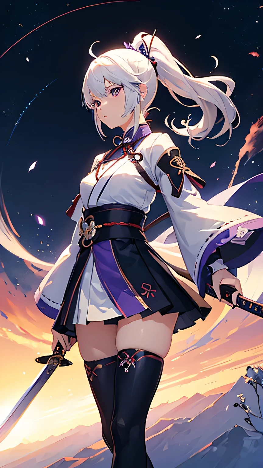 1girl, japanese clothes, ponytail ,white hair, purple eyes, magic circle, blue fire, blue flames, wallpaper, landscape, depth of field, night, light particles, light rays, sidelighting, thighs, fate \(series\), genshin impact, ****, open jacket, skirt, thighhighs, cloud, red katana