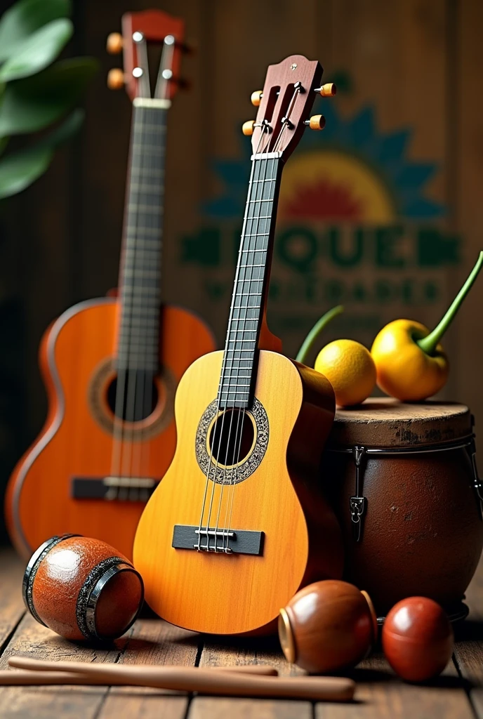 Musical instruments the cuatro the guitar the tambourine maracas and drumsticks with the logo of duque varieties in Spanish