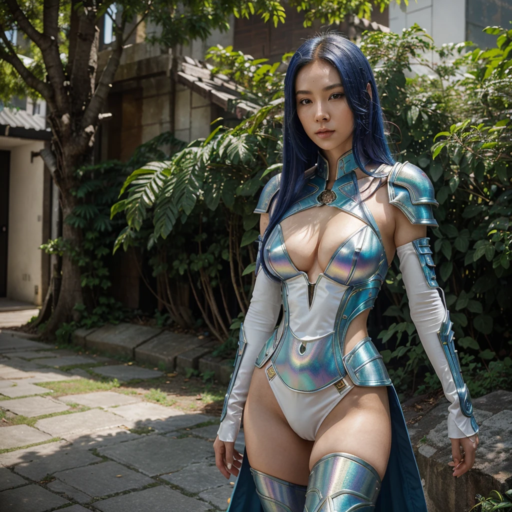 In a futuristic world with Thai-Chinese influences, the character is a slender and elegant woman with porcelain white skin and long, vibrant red-blue hair. She dons a durable white leather armor, intricately designed with glowing rainbow lines that mimic the complex structure of human bones and muscles, seamlessly integrating with her form. The armor features sophisticated patterns and textures that resemble a blend of metal and iridescent skin, with a neutral color palette of white, beige, and brown, accentuated by golden highlights to emphasize the fusion of natural elements with her physique.
The background depicts a city overtaken by nature, with towering buildings cloaked in lush vegetation. The environment reflects a blend of urban decay and natural reclamation, rendered in high detail and 64k resolution to highlight the intricate interplay between technology and nature.