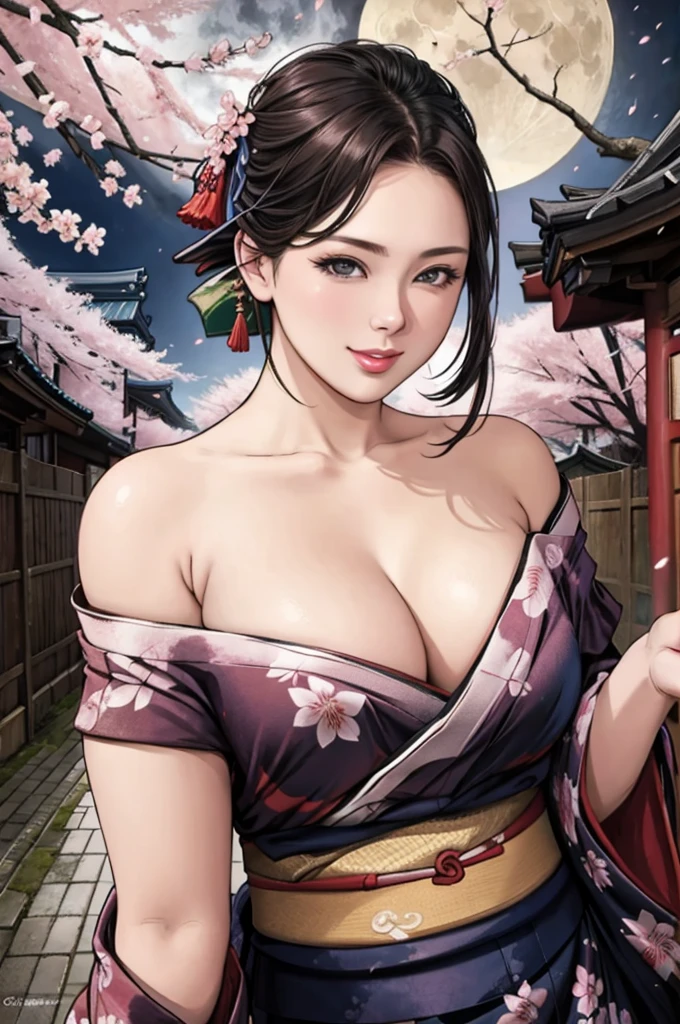 (Browsing Caution), (RAW Photos), (Realistic), (Photorealistic), Ultra-high resolution, masterpiece, Highest quality, Portraiture, facial Portraiture, Perfect lighting, Detailed lighting, Dramatic Shadows, Ray Tracing, Pure Eros Face_v1, Urzan-6500-v1.1, ((smile)), ((upper body:1.2)), ((random sexy pose)), looking at viewer, ((wearing a kimono)), ((off shoulders kimono:1.8)), ((in old Japanese street)), ((night)), ((full moon)), ((background with Cherry blossoms:1.2)),