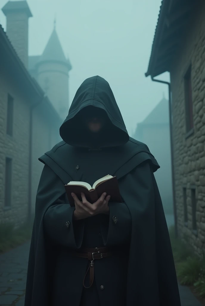 man in cloak with hood, his face is hiding in shadow from hood, above him there are fuzzy visions in the fog, the book hovers in the air amids hazy visions, gloomy tones, masonry in the background