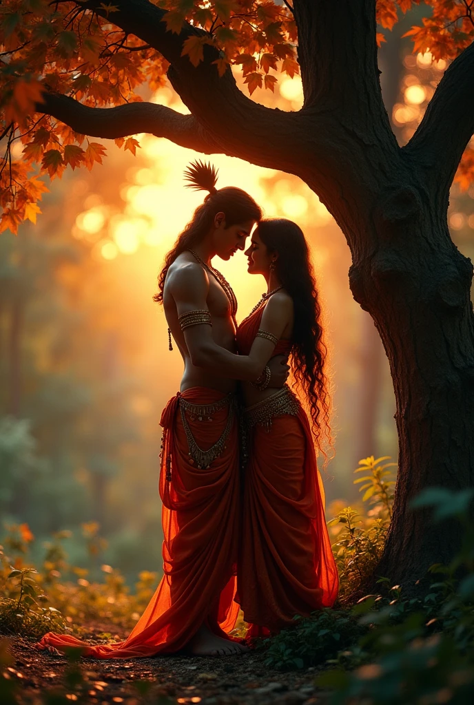 Radha Krishna romantic hot sex in a jungle at the dusk below a tree, over autumn leaves.