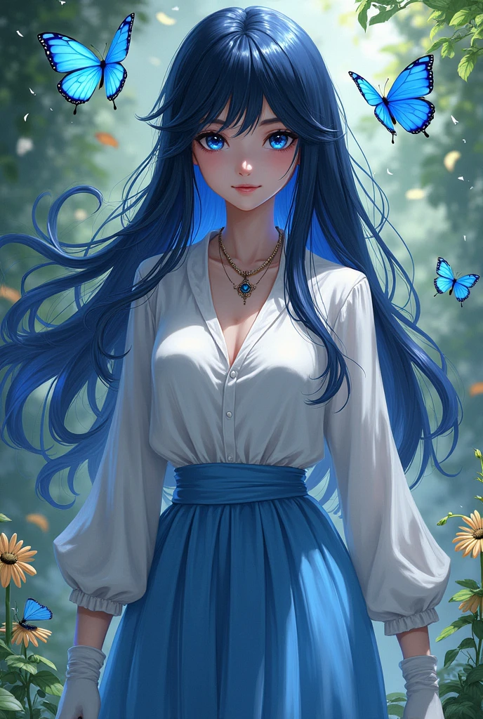 Demon slayer.has navy blue eyes with sparks.has dark black hair covering the backside coloured with navy blue.has a white and light blue shirt, white skirt. White gloves and black necklace, has a cld expression and the background is in the nice butterfly garden