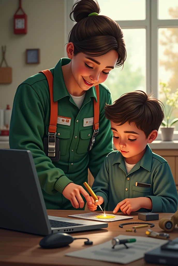 Internet technician in green clothes with son