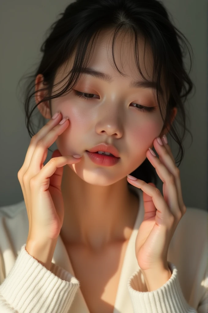 A girl is removing hair from her face with her hands