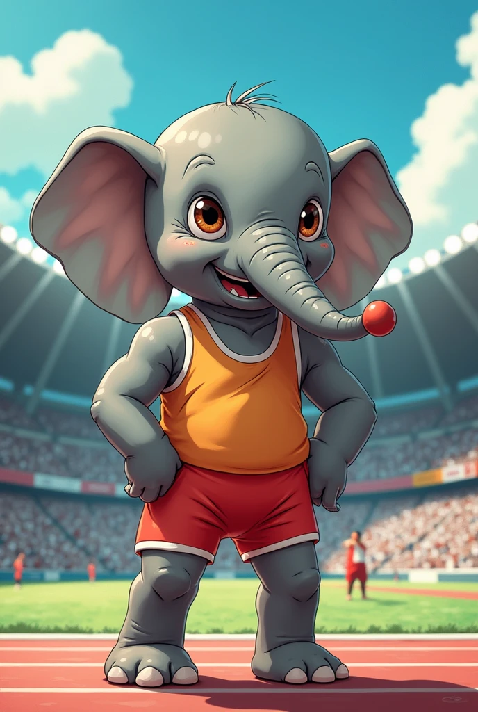 (chibi Emoji Meme), ACGN art style, funny photo portrait of a grotesque (Olympic shot athlete elephant), athlete suit, (upper body), strange eyes, Olympic background, emoticon. emotional, dynamic movement, vivid, (masterpiece, best quality, absurdres, ultra-detailed, intricate details:1.3)