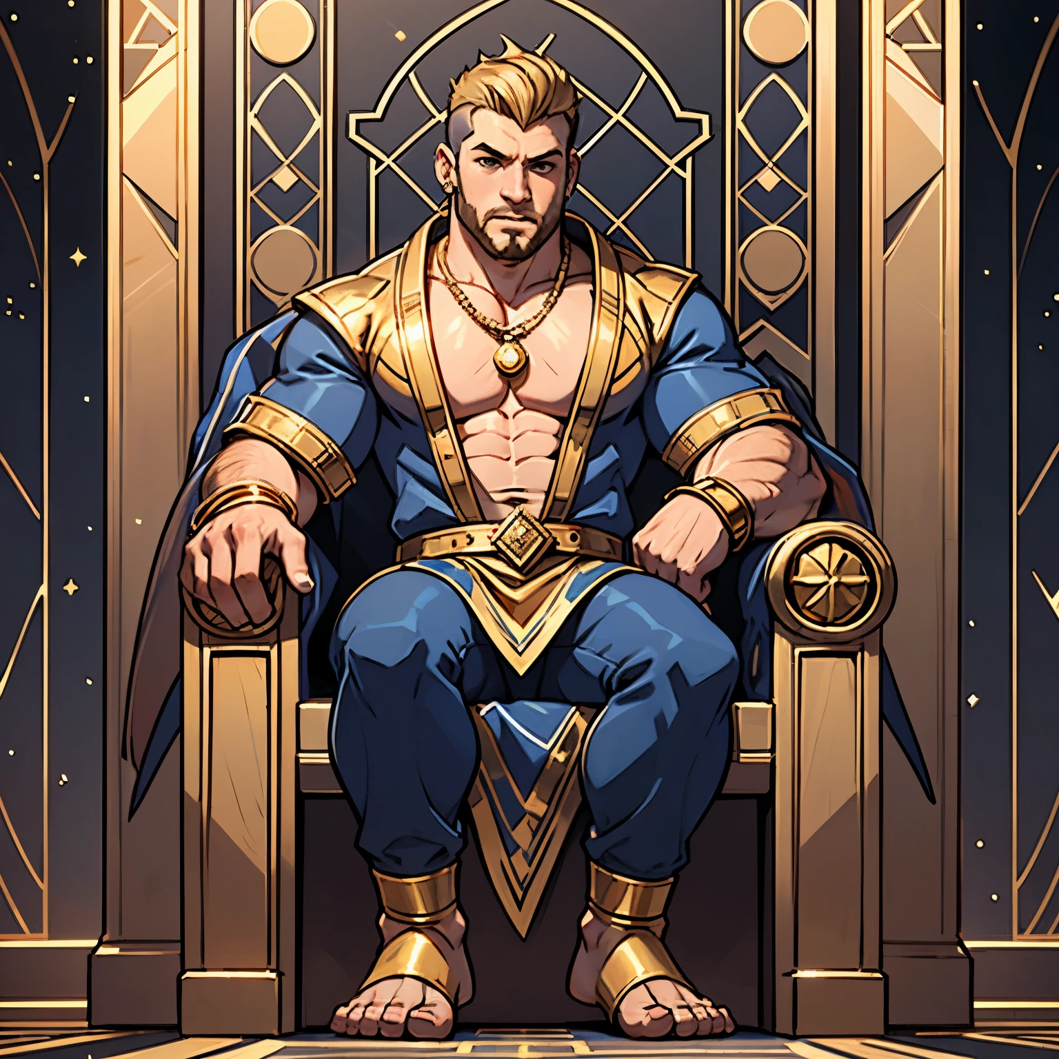 full body view, a muscular white european over-bodybuilded handsome man with undercut clean haircut of his brown and gold blonde streaks haircut, in Neo-Byzantine Futurist style, golden socks, indigo and gold clothing, gold rings, necklaces, bracelets, piercings, with gold and indigo futuristic mosaics behind the golden and lapis lazuli throne on whith he's swallowed, looking boring