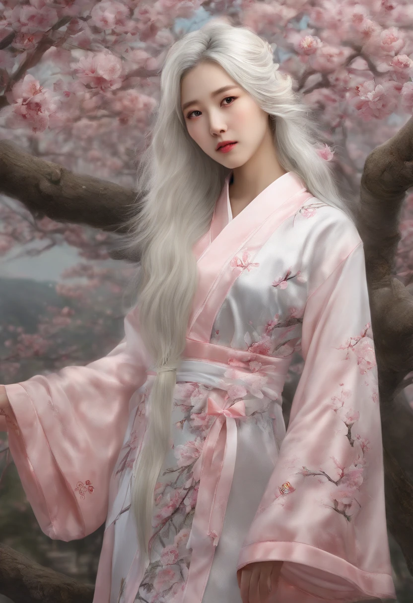 Peach Blossom Grove,a chinese girl,Long white hair flowing,Wearing a platinum wide-sleeved robe,Rumours