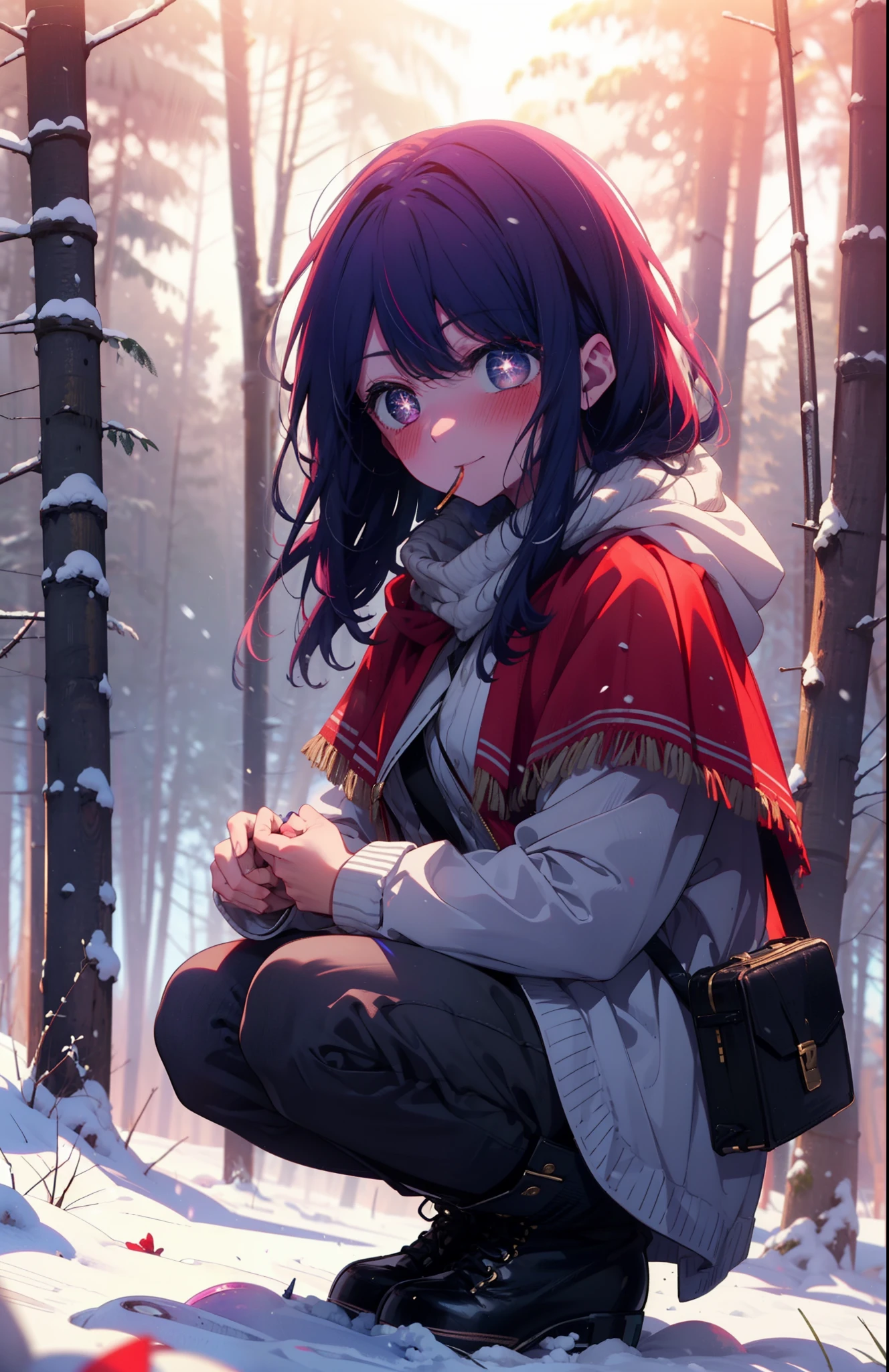 aihoshino, Ai Hoshino, Long Hair, bangs, (Purple eyes:1.1), Purple Hair, (Symbol-shaped pupil:1.5), smile,,smile,blush,white breath,
Open your mouth,snow,Ground bonfire, Outdoor, boots, snowing, From the side, wood, suitcase, Cape, Blurred, , forest, White handbag, nature, Squat, Mouth closed, Cape, winter, Written boundary depth, Black shoes, red Cape break looking at viewer, Upper Body, whole body, break Outdoor, forest, nature, break (masterpiece:1.2), Highest quality, High resolution, unity 8k wallpaper, (shape:0.8), (Beautiful and beautiful eyes:1.6), Highly detailed face, Perfect lighting, Highly detailed CG, (Perfect hands, Perfect Anatomy),