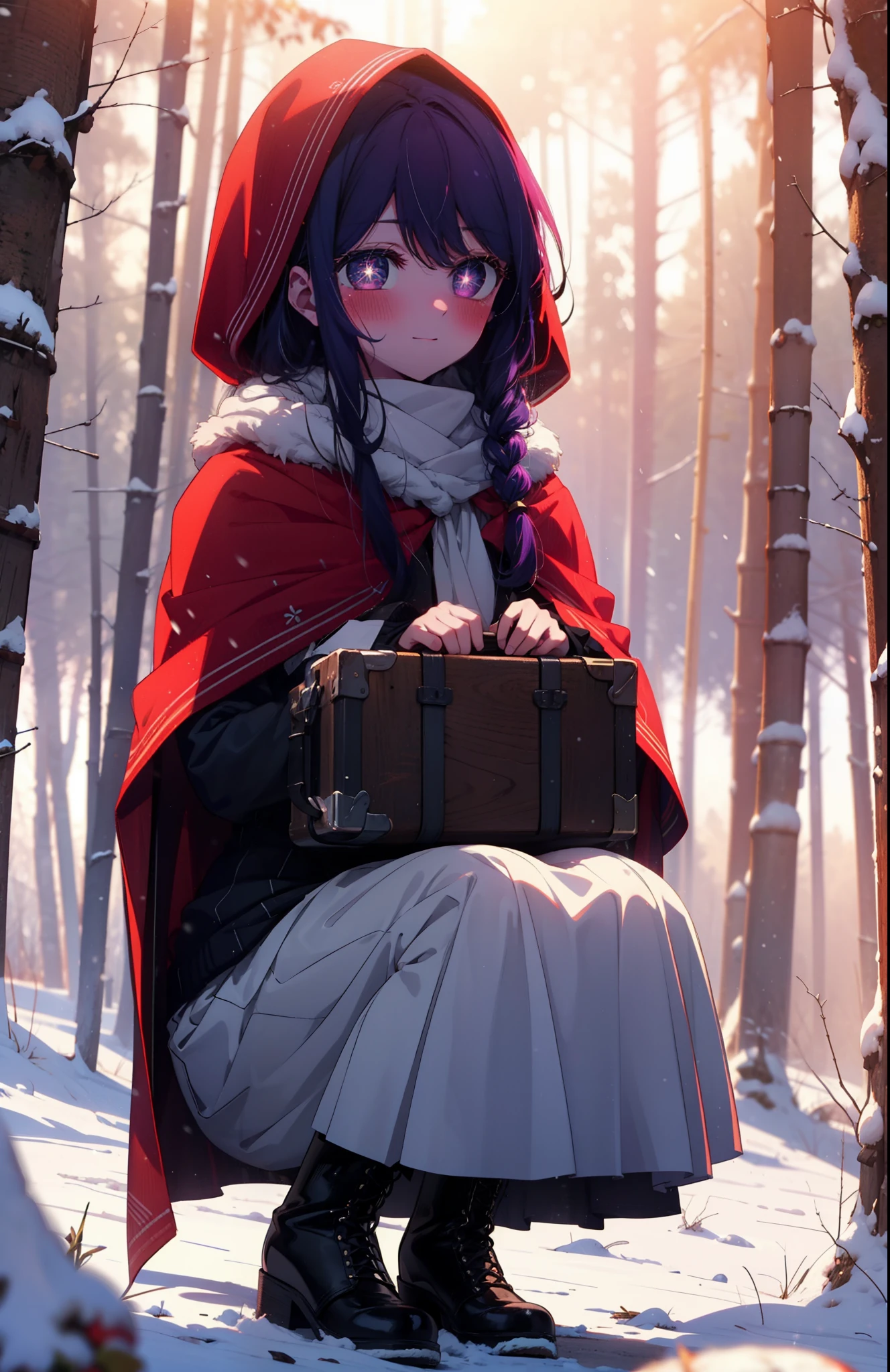 aihoshino, Ai Hoshino, Long Hair, bangs, (Purple eyes:1.1), Purple Hair, (Symbol-shaped pupil:1.5), smile,,smile,blush,white breath,
Open your mouth,snow,Ground bonfire, Outdoor, boots, snowing, From the side, wood, suitcase, Cape, Blurred, , forest, White handbag, nature, Squat, Mouth closed, Cape, winter, Written boundary depth, Black shoes, red Cape break looking at viewer, Upper Body, whole body, break Outdoor, forest, nature, break (masterpiece:1.2), Highest quality, High resolution, unity 8k wallpaper, (shape:0.8), (Beautiful and beautiful eyes:1.6), Highly detailed face, Perfect lighting, Highly detailed CG, (Perfect hands, Perfect Anatomy),
