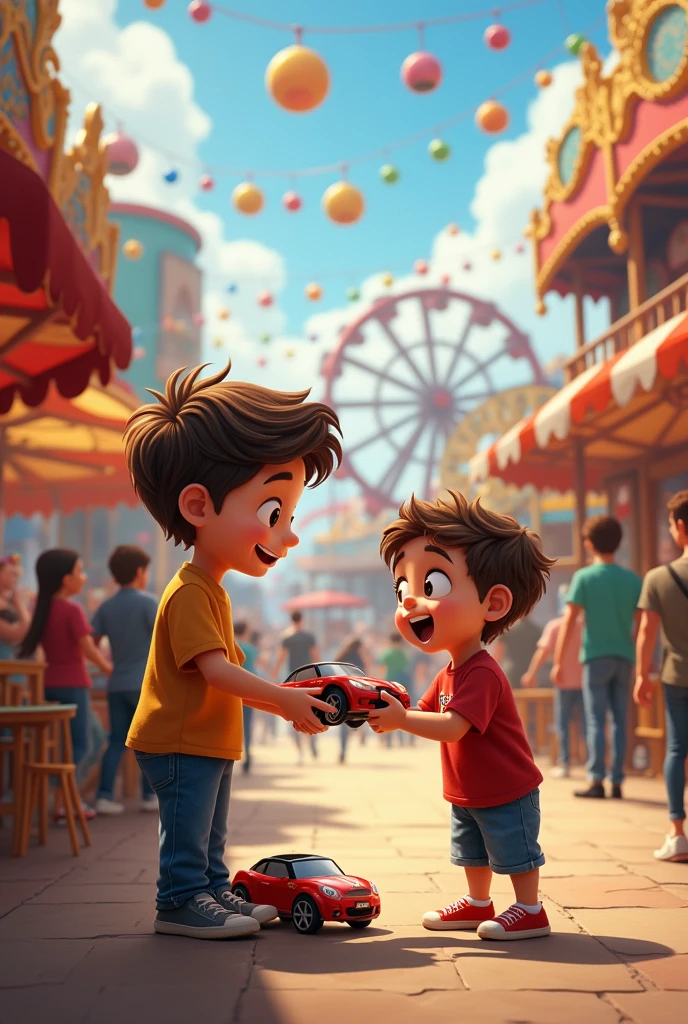Big brother buying a toy car for his younger brother in a fair with many rides , stalls and people

