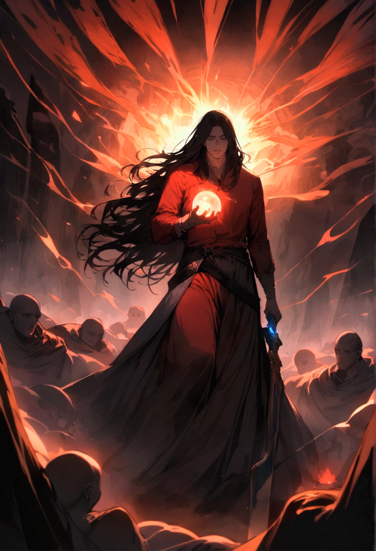 black haired, cold looking man, long hair, majestic features, countless bodies and graves behind him, holding a bloodied sword in his right hand, and a red ball of energy in his other hand.