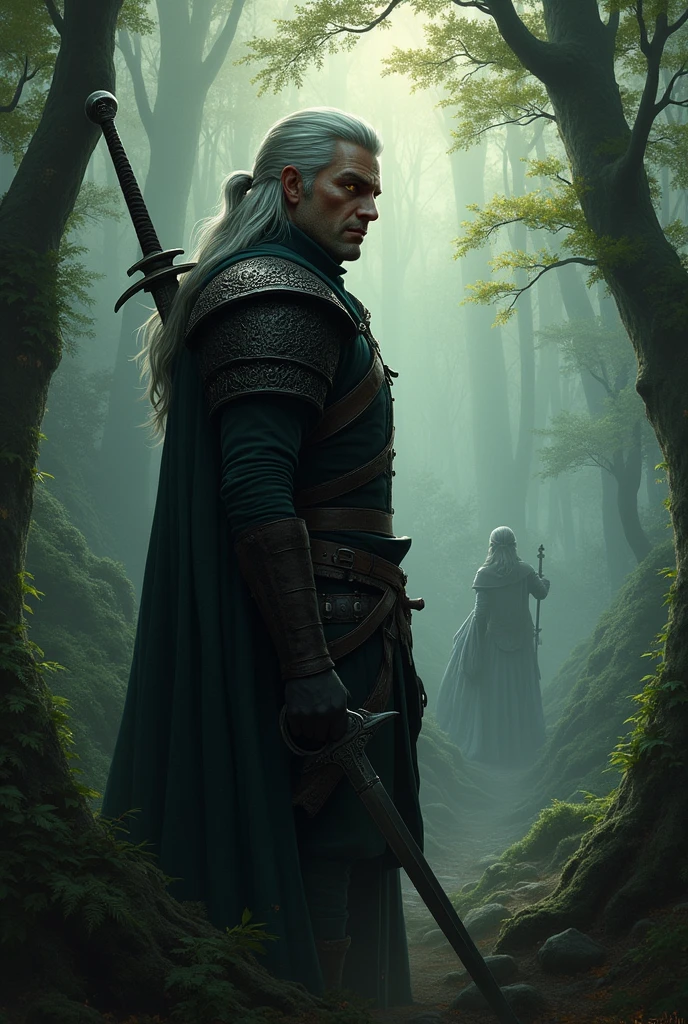 L'artwork pourrait représenter un sorceleur solitaire, probablement inspiré de Geralt de Riv, dans un paysage sauvage et mystérieux : Le personnage Silhouette athlétique et imposante Cheveux blancs mi-longs, attachés en queue de cheval Cicatrices visibles sur le visage et les bras Yeux de chat, jaunes et perçants Expression stoïque et vigilante L'équipement Armure de cuir robuste avec des renforts métalliques Médaillon de sorceleur autour du cou (probablement à tête de loup) Deux épées distinctes dans le dos : Épée en acier (pour les humains) : lame large, garde simple Épée en argent (pour les monstres) : lame plus fine, garde ornée de runes L'environnement Forêt dense et brumeuse en arrière-plan Ciel orageux avec des nuages menaçants Potentiellement des ruines anciennes ou un village lointain à peine visible L'ambiance Tons sombres et saturés, dominance de verts, bruns et gris Éclairage dramatique, peut-être un rayon de soleil perçant les nuages Atmosphère de danger imminent et de mystère Pose du personnage Debout, légèrement de profil Une main près de la garde d'une épée, prêt à dégainer Regard fixé vers un point hors-champ, suggérant une menace invisible